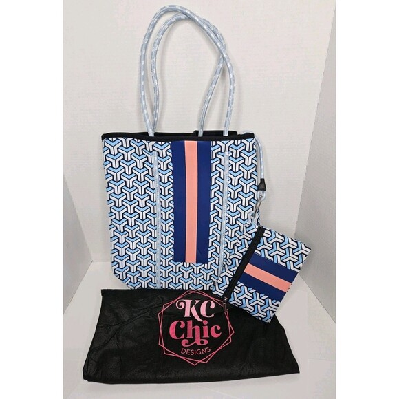 Neoprene Large Tote Bag With Zip Pouch Blue Geometric W KC Chic Designs Dust Bag - Picture 1 of 7